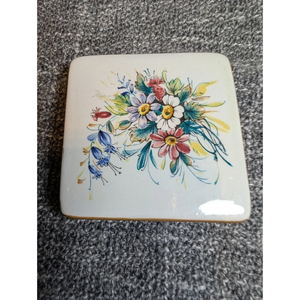 Vintage KV Ker-Vitrel Ceramic Trinket Box France Hand Painted Floral Square